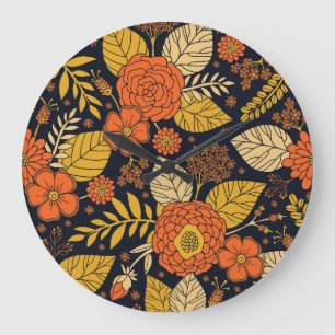 Grande Horloge Ronde Orange rétro, Jaune & Marine Floral