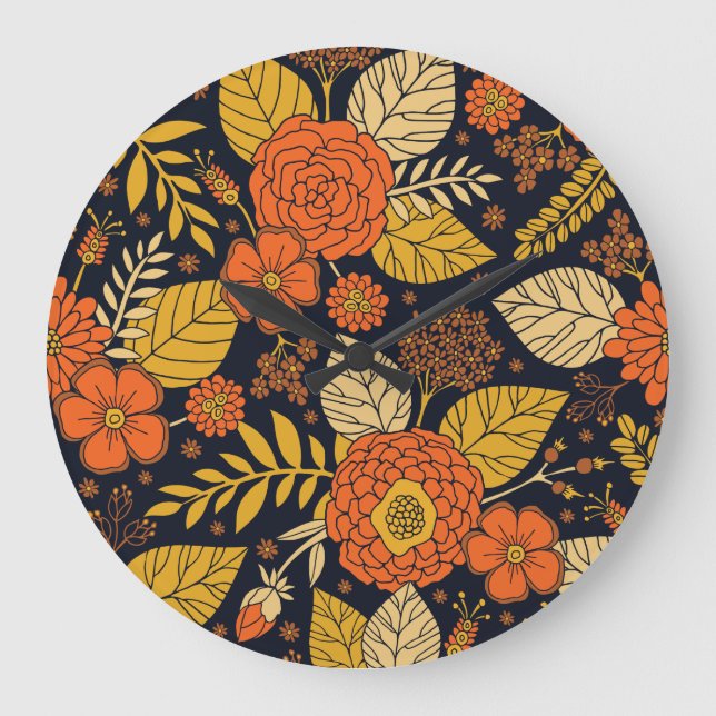 Grande Horloge Ronde Orange rétro, Jaune & Marine Floral (Recto)
