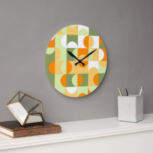 Grande Horloge Ronde Orange Sunny Jaune foncé Vert Motif d'art rétro