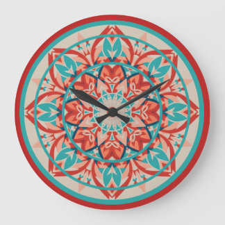 Grande Horloge Ronde Orange & Turquoise Boho Mandala  Large Clock