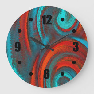 Grande Horloge Ronde Orange Turquoise Swirling Résumé Conception