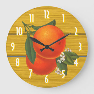 Grande Horloge Ronde Oranges rétro sur bois rustique avec cadence numér
