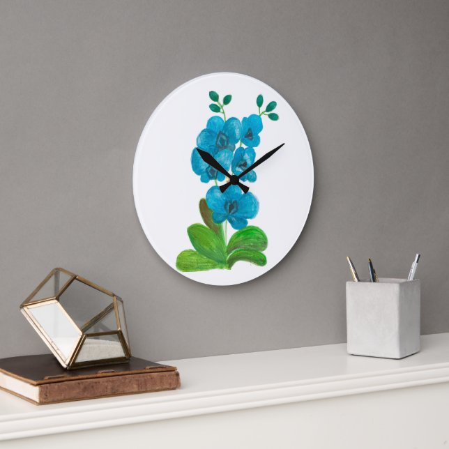 Grande Horloge Ronde Orchidée bleue (Bureau)