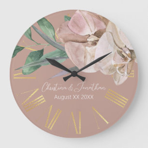Grande Horloge Ronde Orchidées à l'aquarelle romantique sur blush pouss