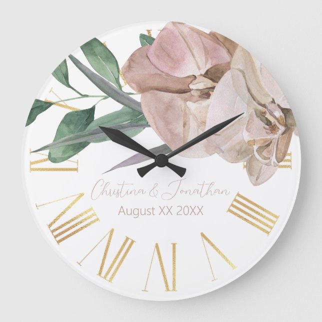 Grande Horloge Ronde Orchidées romantiques aquarelles (Recto)