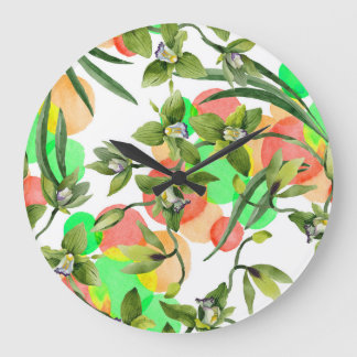 Grande Horloge Ronde Orchidées vertes : aquarelle florale sans soudure.