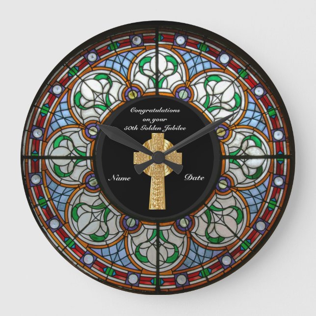 Grande Horloge Ronde Ordination du prêtre Anniversaire Croix de verre t (Recto)