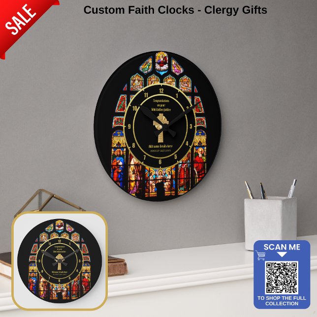 Grande Horloge Ronde Ordination du prêtre Pasteur Anniversaire Vitrail (Créateur téléchargé)
