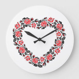 Grande Horloge Ronde Original Heart of cross-stitch red rose flowers