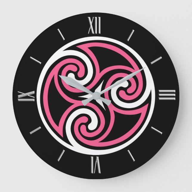 Grande Horloge Ronde Ornement de Triskele celtique, Fuchsia, noir et bl (Recto)