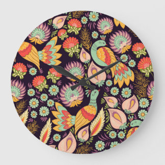 Grande Horloge Ronde Ornement vintage Folk Floral Birds