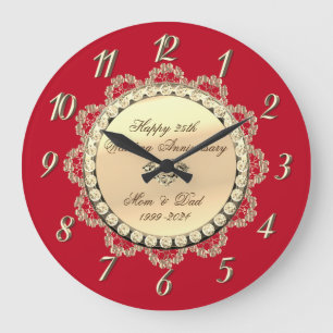 Grande Horloge Ronde Ornements Diamants Or Rouges Mariage Anniversaire