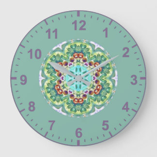 Grande Horloge Ronde OUAH ! Motif fractal vert, Mauve blanc et Aqua
