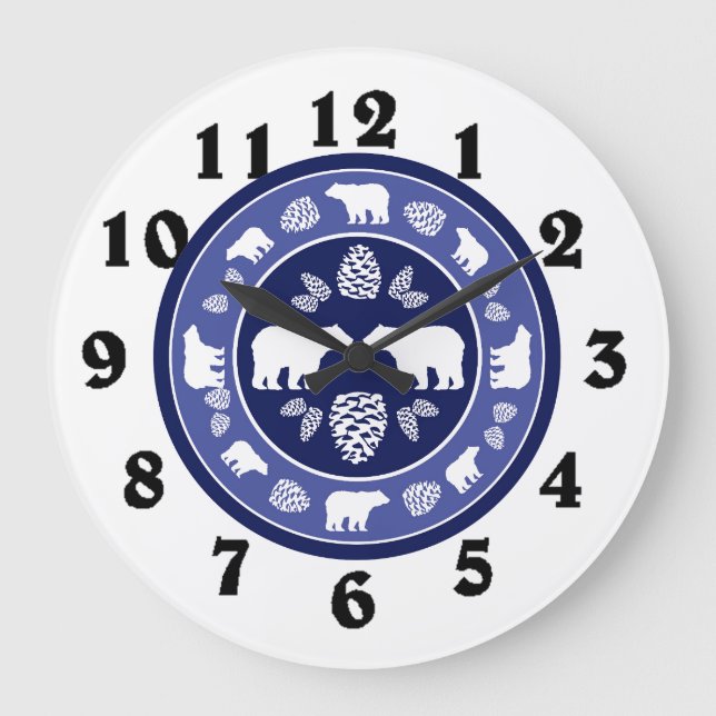 Grande Horloge Ronde Ours bleu rustique pinecone 24 heures sur 24 (Recto)