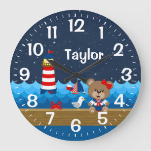 Grande Horloge Ronde Ours de fille nautique rouge et marine
