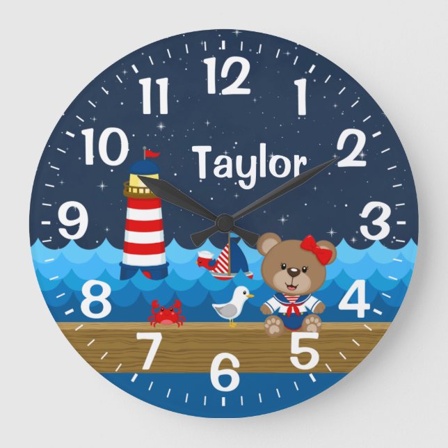 Grande Horloge Ronde Ours de fille nautique rouge et marine (Recto)