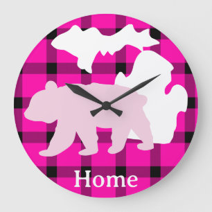 Grande Horloge Ronde Ours du Michigan à la maison en carreaux de buffle