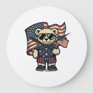 Grande Horloge Ronde Ours en peluche patriotique vintage gravure concep
