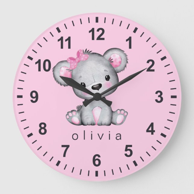 Grande Horloge Ronde Ours en peluche personnalisé Bébé Fille Rose (Recto)