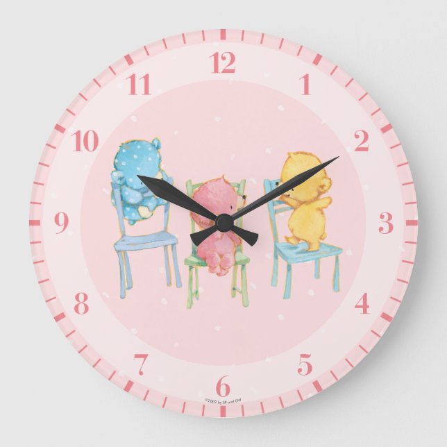 Grande Horloge Ronde Ours jaunes, roses et bleus sur chaises (Recto)
