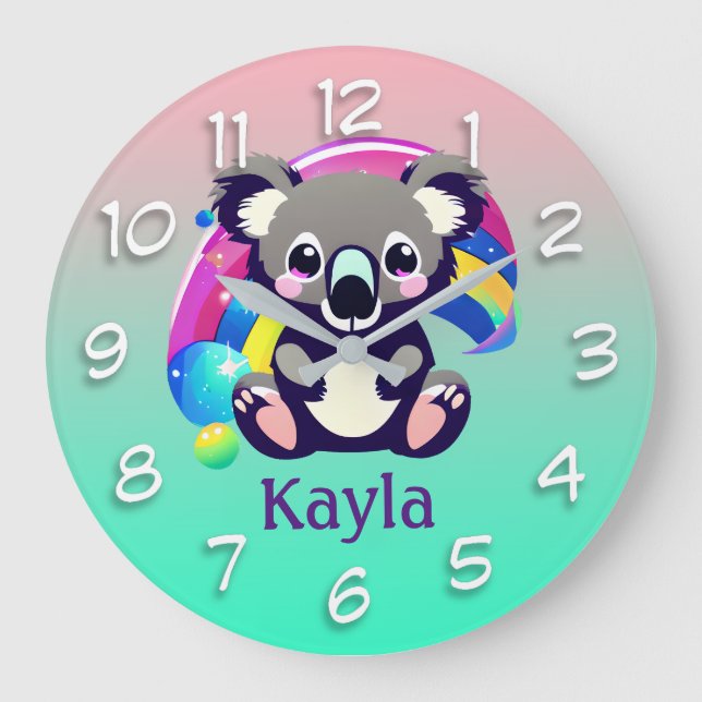 Grande Horloge Ronde Ours Koala et arc-en-ciel personnalisés (Recto)