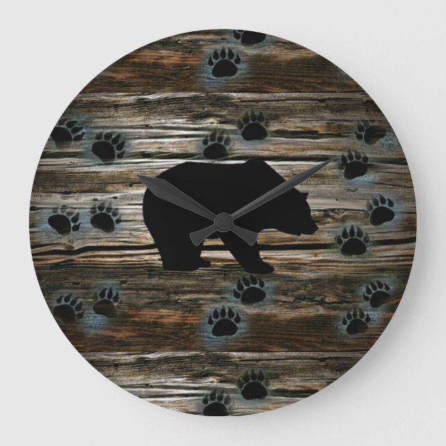 Grande Horloge Ronde Ours noir Pâtes d'ours noir Bois rustique (Recto)