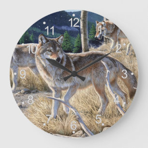 Grande Horloge Ronde Pack de loups dans la peinture forestière