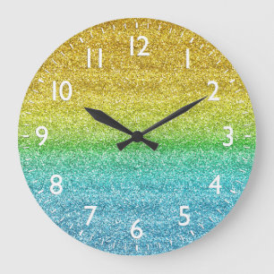 Grande Horloge Ronde Paillettes dégradé jaune et bleu scintillant