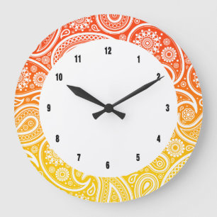 Grande Horloge Ronde Paisers blancs sur orange à jaune ombre