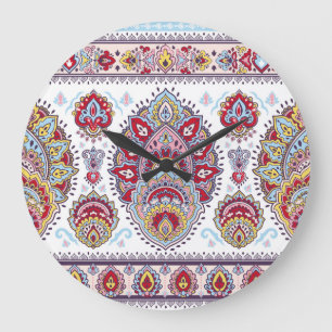 Grande Horloge Ronde Paisley indien floral, médaillon ethnique.