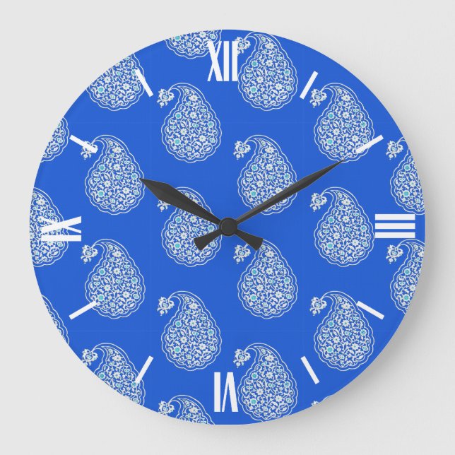 Grande Horloge Ronde Paisley perse - blanc sur bleu (Recto)