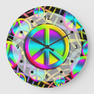 Grande Horloge Ronde Paix colorée - visage d'horloge transparent