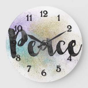 Grande Horloge Ronde Paix Faux Or Violet Aqua Paillettes