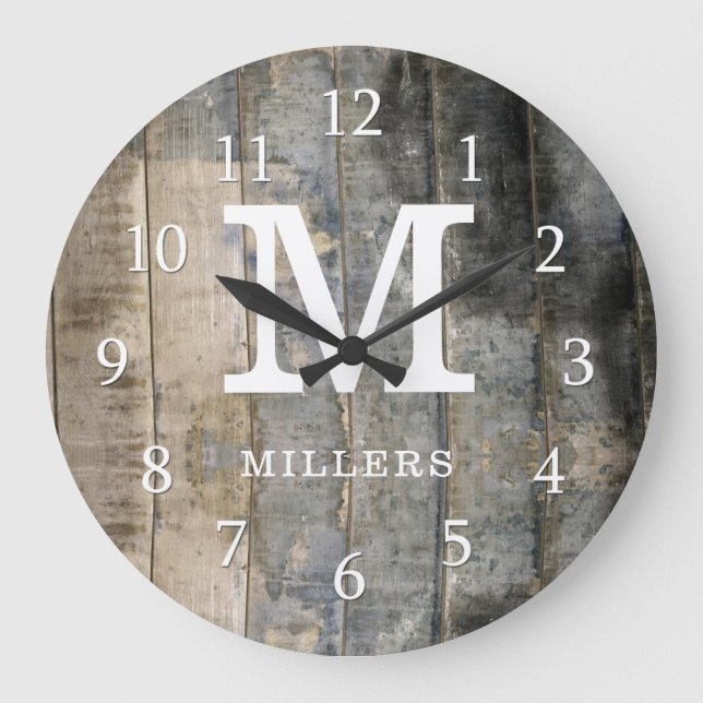 Grande Horloge Ronde Palette Rustique Bois Nom de famille Monogramme (Recto)
