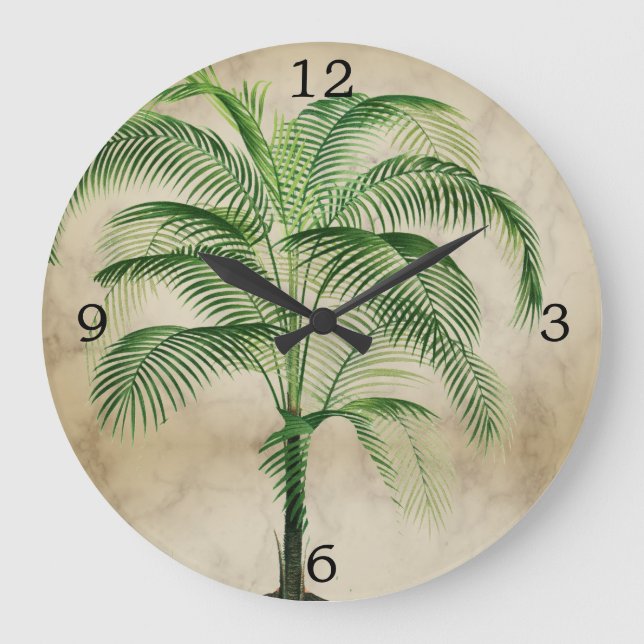 Grande Horloge Ronde Palm Tree Vintage Tropical Élégante Cuisine (Recto)