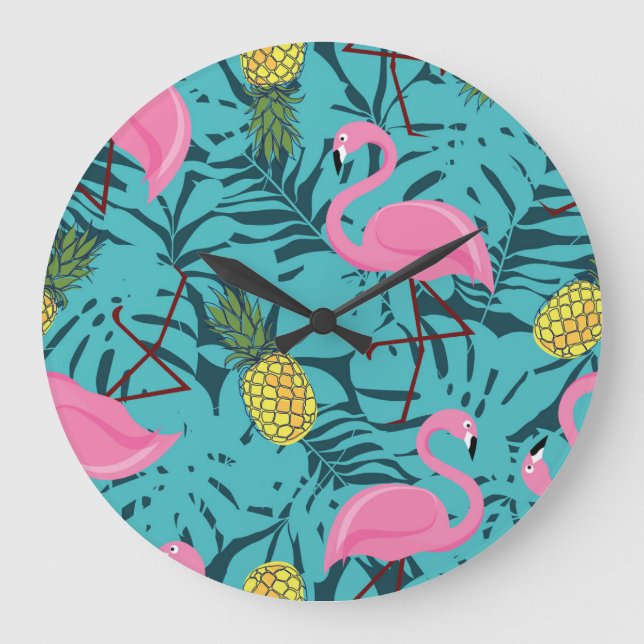 Grande Horloge Ronde Palme de Flamants roses roses : Exotic Hawaii (Recto)
