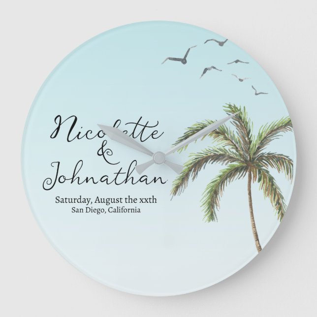 Grande Horloge Ronde Palmier et oiseaux Mariage simple plage (Recto)