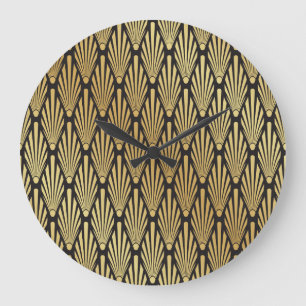 Grande Horloge Ronde Palmiers Art Déco : Or Noir.