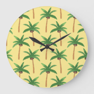 Grande Horloge Ronde Palmiers d'aquarelle, arrière - plan tropical.
