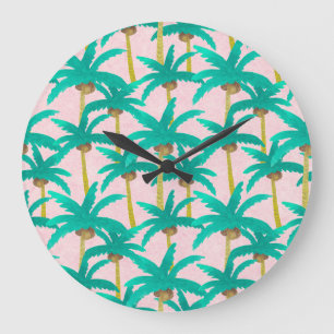 Grande Horloge Ronde Palmiers tropicaux : Motif d'été d'aquarelle