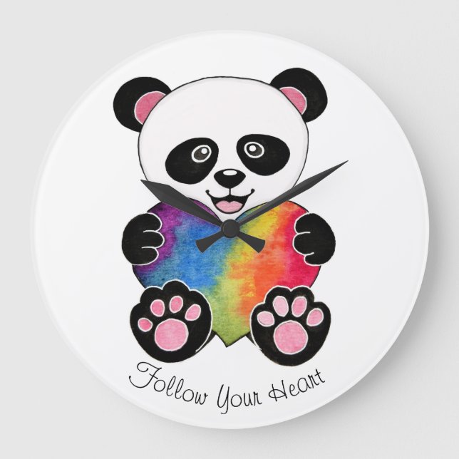 Grande Horloge Ronde Panda mignon d'aquarelle avec le coeur (Recto)