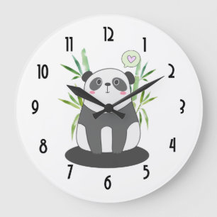 Grande Horloge Ronde Panda noir et blanc mignonne en Bambou