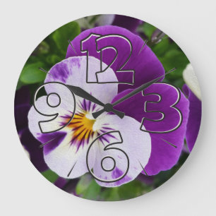 Grande Horloge Ronde Pansies blanches violettes