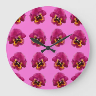 Grande Horloge Ronde Pansies Roses Sur Rose,