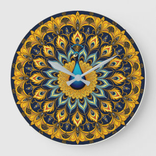 Grande Horloge Ronde Paon décoratif sur fond blanc