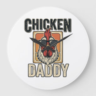 Grande Horloge Ronde Papa Poule Drôle Coq Vintage Vecteur Chemise_1
