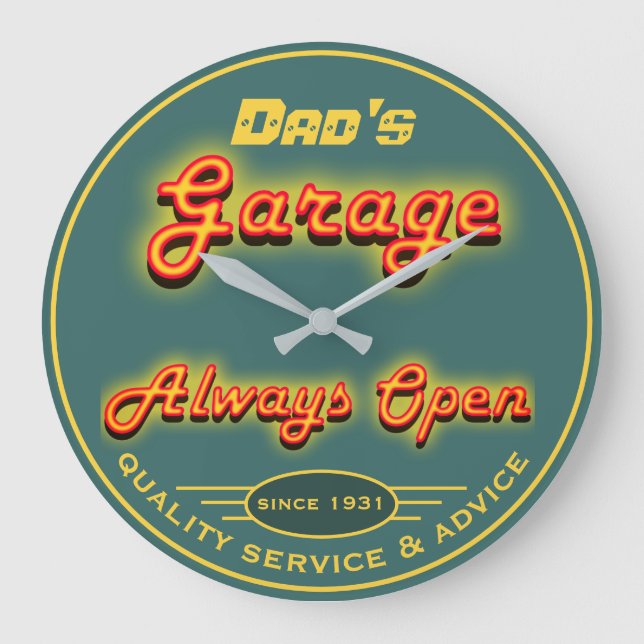 Grande Horloge Ronde Papa's Garage Jaune & Turquoise Neon Regardez n'im (Recto)