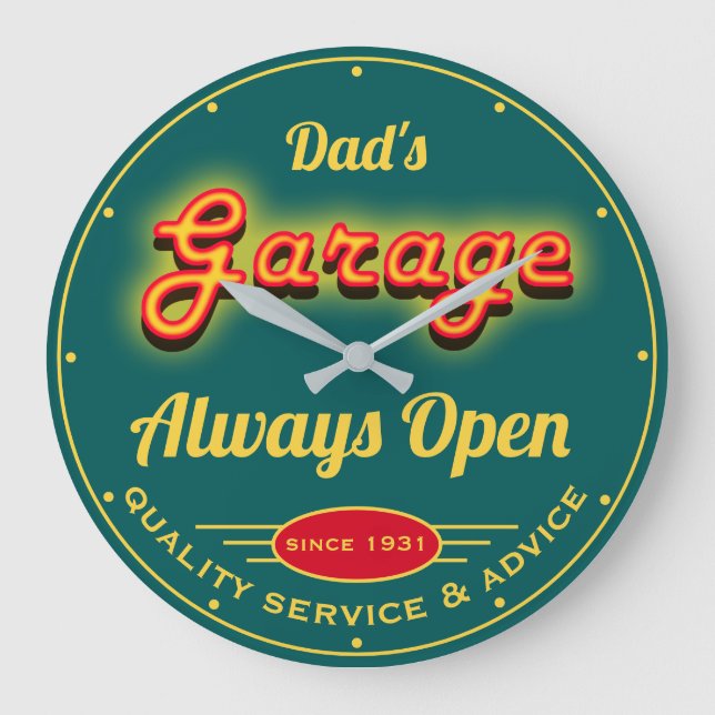 Grande Horloge Ronde Papa's Garage Red Yellow Neon Effect Date (Recto)