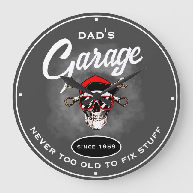 Grande Horloge Ronde Papa's Garage vieux crâne outils Gris drôle Slogan (Recto)
