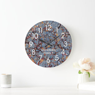 Grande Horloge Ronde Papier marbré bleu et or avec nom